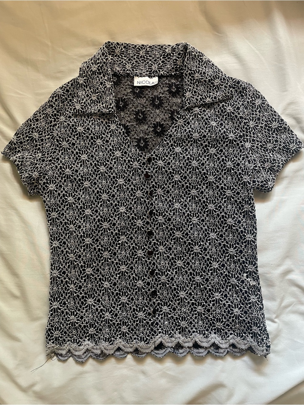 NICOLA Black and White Crochet Button-Down Short Sleeve Top